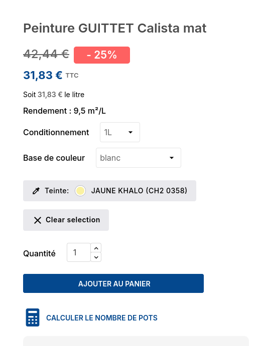 Exemple de sélection de teinte sur une page produit
