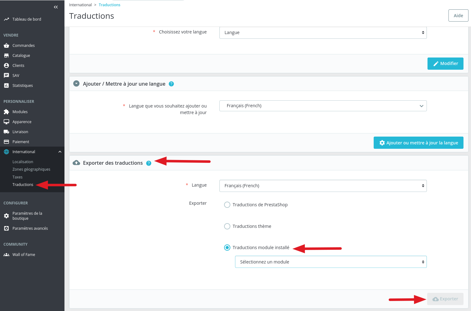 Export traductions module PrestaShop