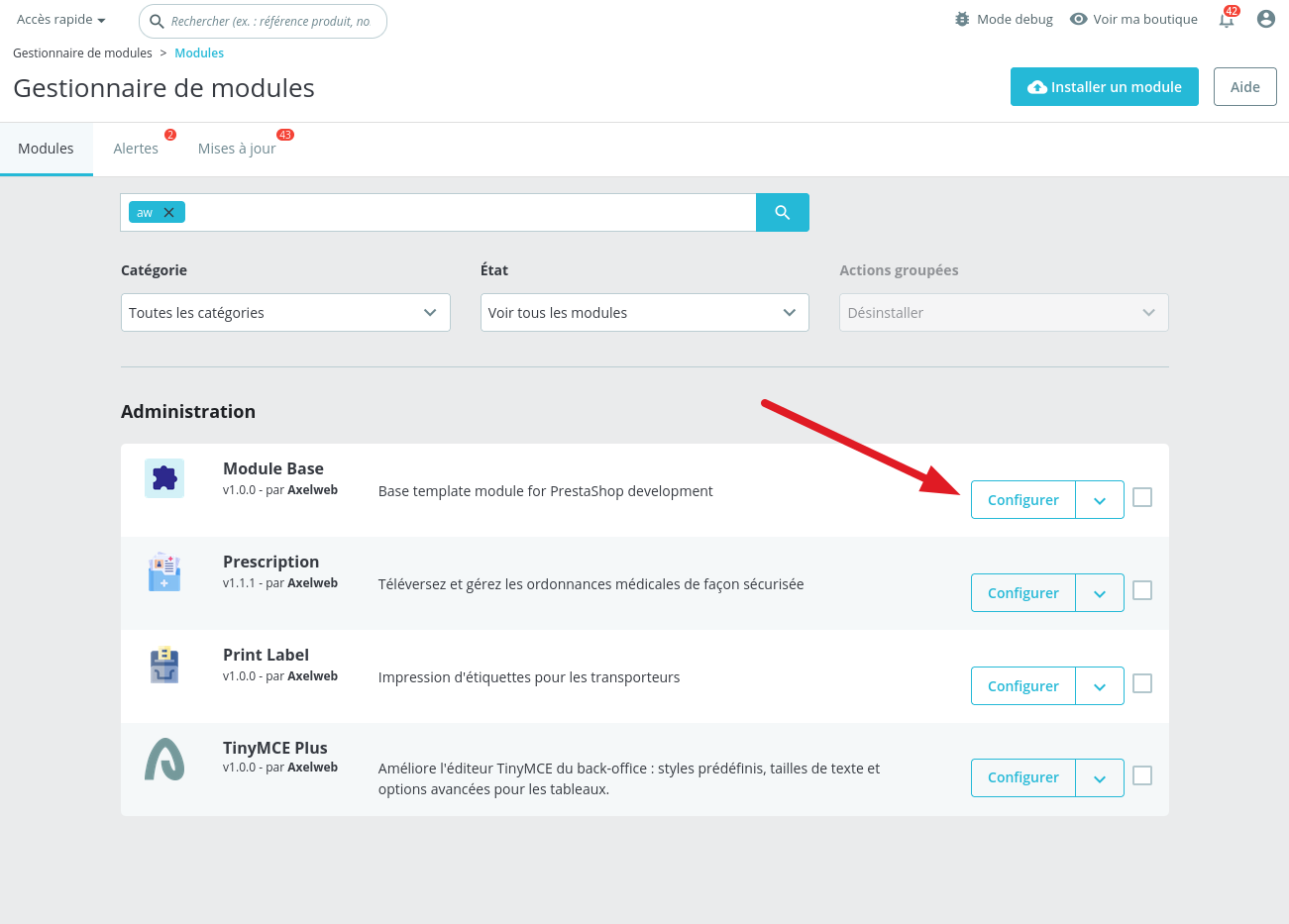 Page de configuration du module awtopbar